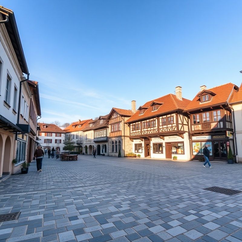 Trg v Murski Soboti zjutraj — kamnita tlakovca, tradicionalna prekmurska arhitektura in azurno nebo