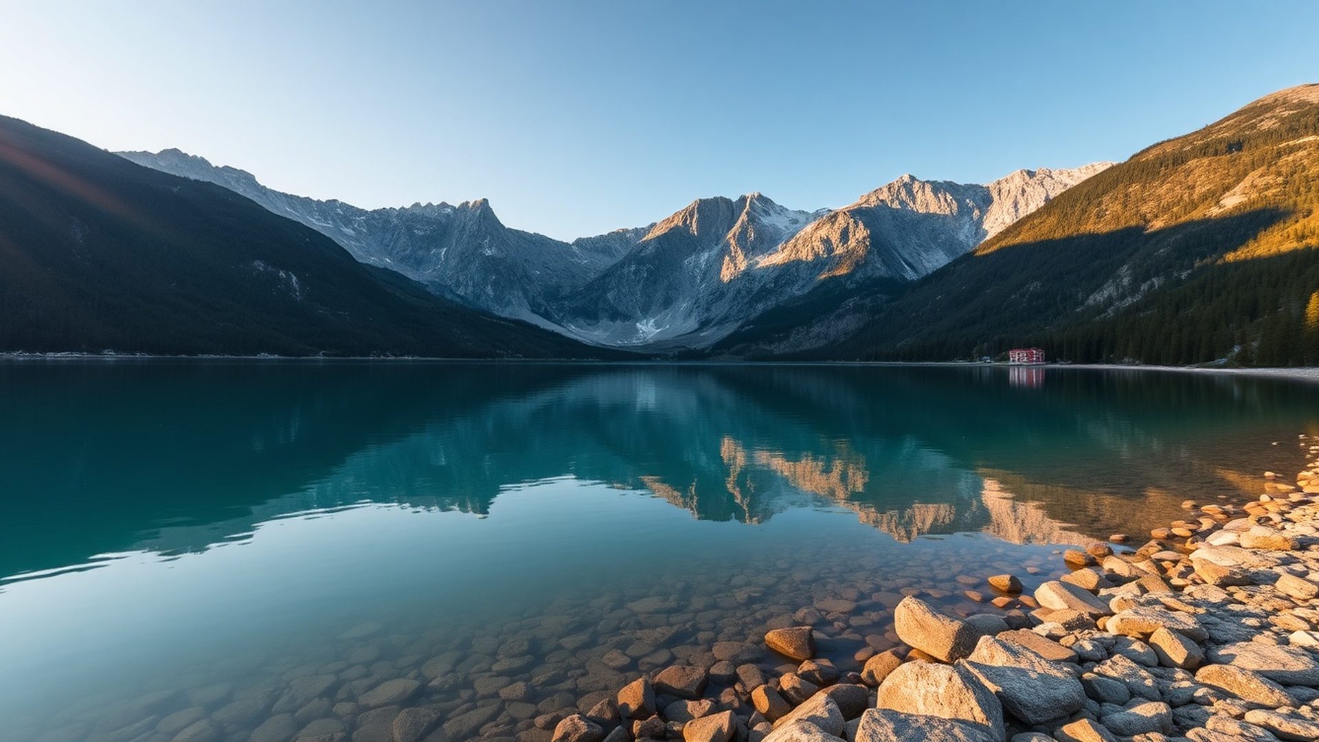Mirno alpsko jezero v Sloveniji v zlati uri — azurna voda in trdna kamnita obala